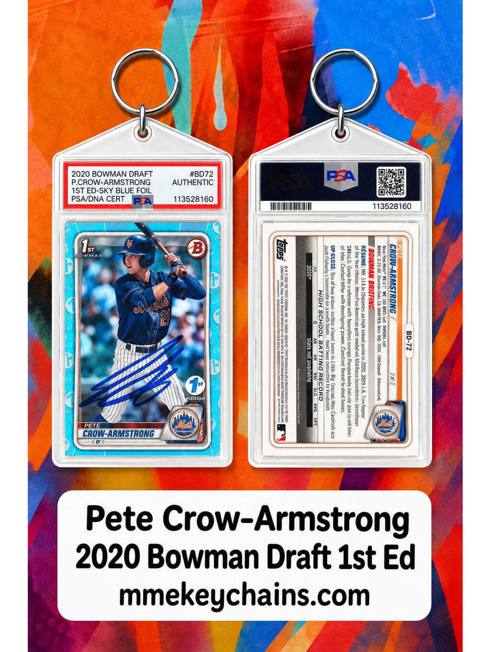 9999 Pete Crow-Armstrong 2020 Draft 1st Edition Blue Foil Auto Custom Keychain
